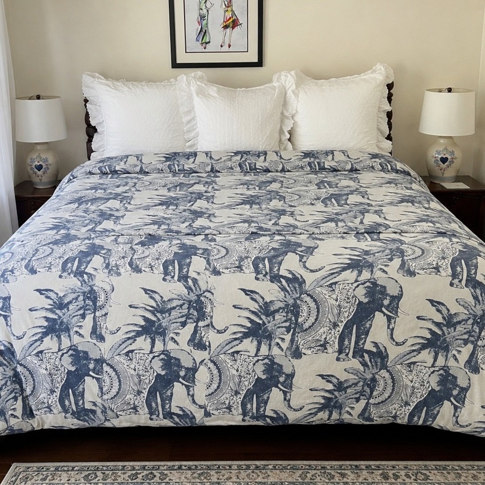 Pottery Barn‎ Ari Elephant Toile Print King Duvet Cover Cotton Linen Blue Boho